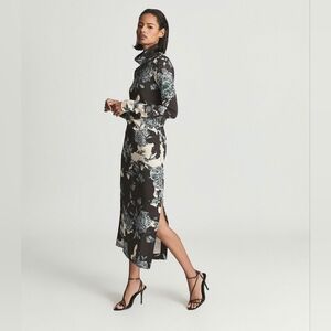 Reiss Black and Cream Floral Midi Dress